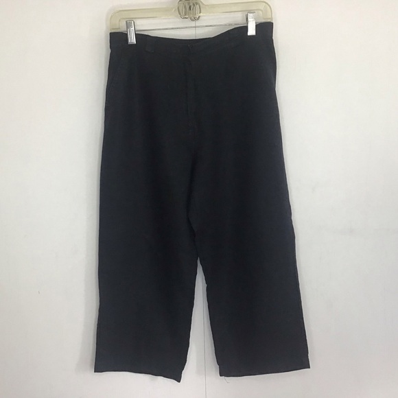 JM Petites Collection 100% linen black wide leg cropped fly front pants. 10P - Picture 1 of 6